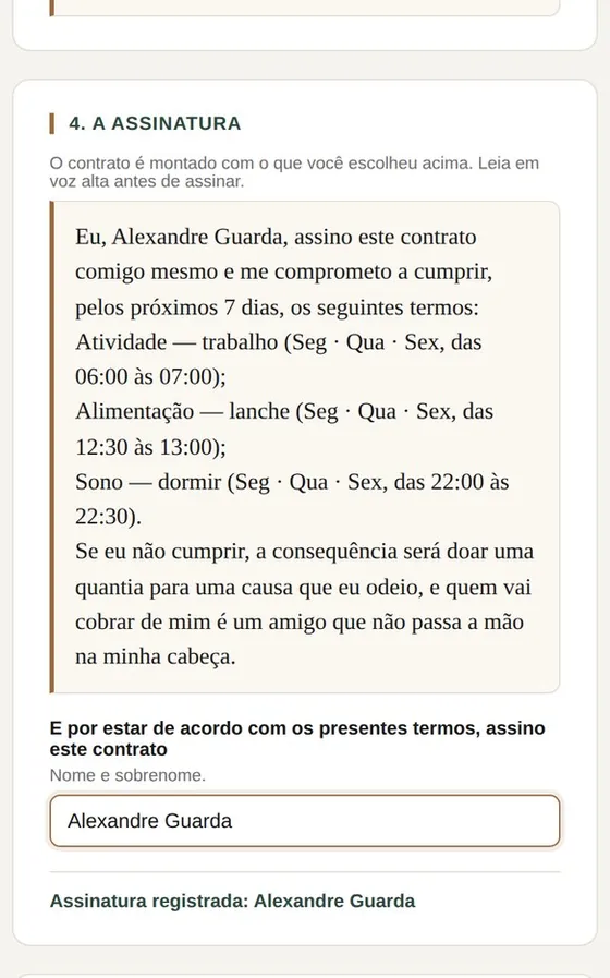 Tela do compromisso com dia, hora e consequência